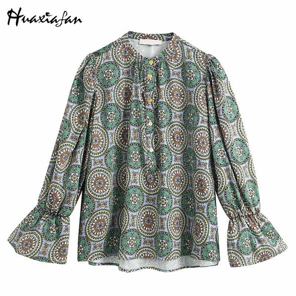 

women's blouses & shirts huaxiafan 2021 spring women blouse streetwear loose long sleeve print ruffles shirt o-neck fashion, White