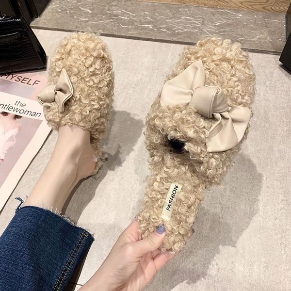 

slippers low flat shoes female cover toe woman's slides fur flip flops fashion butterfly-knot 2021 plush luxury autumn basic rub, Black