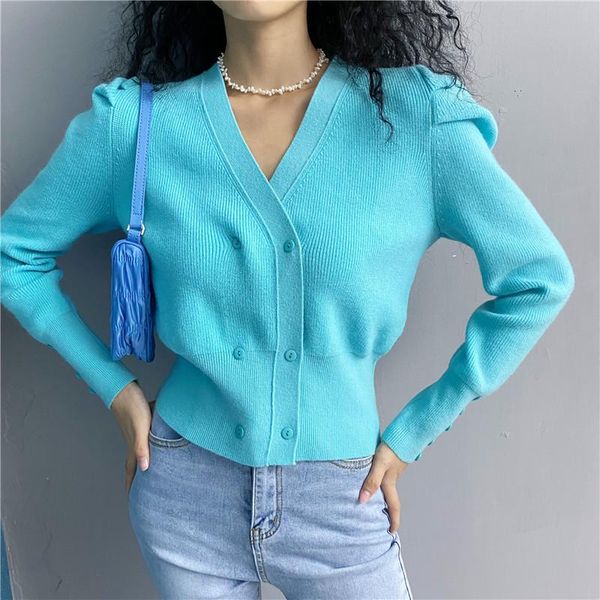 

women's knits & tees sweater 2021 retro blue v-neck puff sleeve double-breasted knit cardigan women, White
