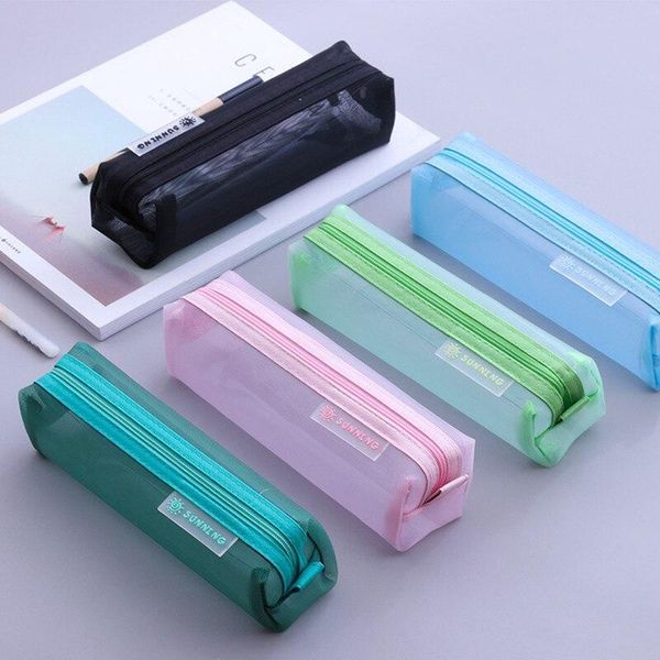 

1pc school mesh pencil cases kawaii cute solid color transparent box student pen bag bags