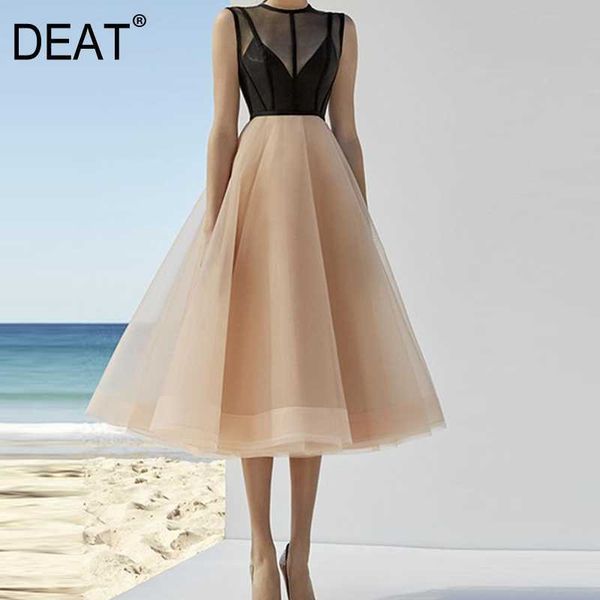 

[deat] summer fashion round neck knee-length sleeveless splicing loose chic dress women 13c129 210527, Black;gray