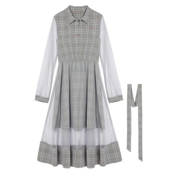 

perhaps u gray khaki plaid mesh turn down collar long sleeve midi dress sash button mid calf elegant preppy style d0373 210529, Black;gray