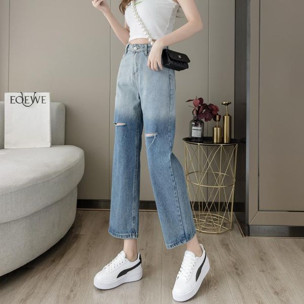 

women's jeans hole dress summer thin section one meter five short straight wide-legged little wear by nine points in the, Blue