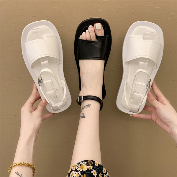 

sandals woman flats shoes 2021 fashion summer flat 5cm heel round toe buckle beige basic size 35-40 0aj5, Black