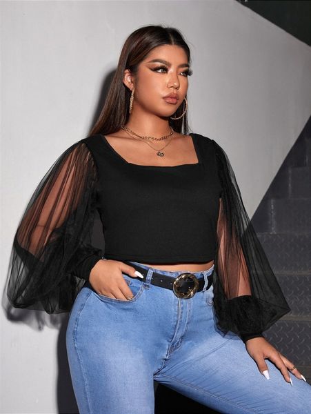 

plus square neck mesh bishop sleeve crop q5fi#, Black
