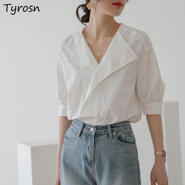 

women's blouses & shirts women design elegant summer solid white v-neck short sleeve casual mujer fashion french style arrival ins