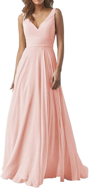 

women's elegant double v neck formal wedding party dresses long a-line chiffon bridesmaid dress 2020 b014, White;pink