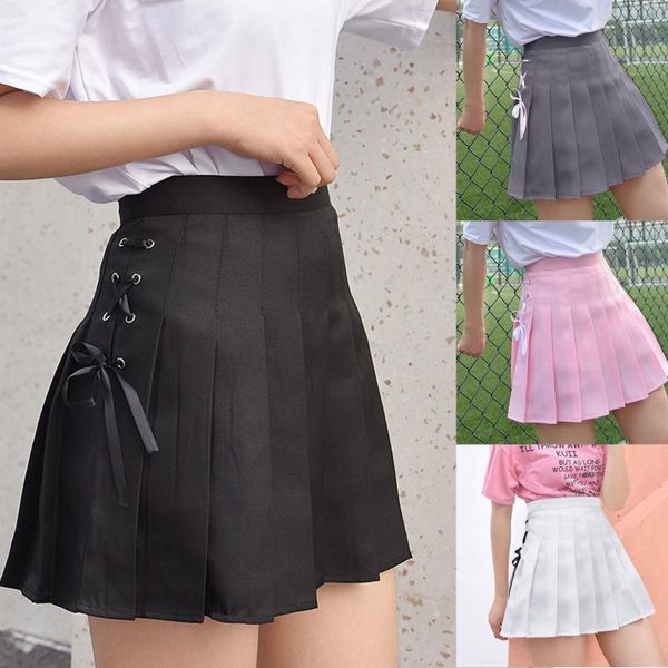 

skirts tie pleated skirt fashion women solid a-line anti-burnout high waist short, Black