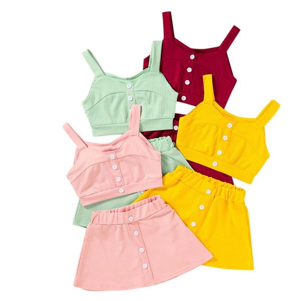 

ribbed girls clothes sets summer toddler kids baby solid strapless bottons tee skirts set outfits vetement fille 2021 clothing, White