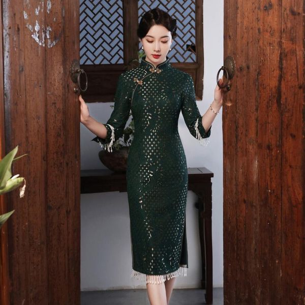 

ethnic clothing lace sheath qipao women mid-length dress gown mandarin collar tassel cheongsam vintage button chinese traditional vesti, Red