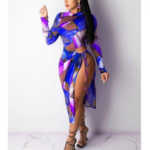 

casual dresses women long sleeve dress 2021 spring fall geometric printing bandage irregular skinny high slit mid-length s-xl, Black;gray