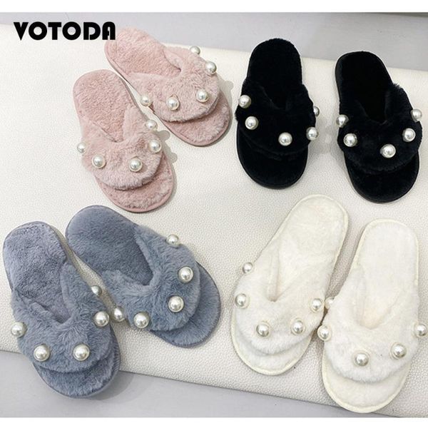 

slippers winter women home flip flop woman indoor plush ladies furry faux fur slides female warm flat shoes pearl sandal slip on, Black