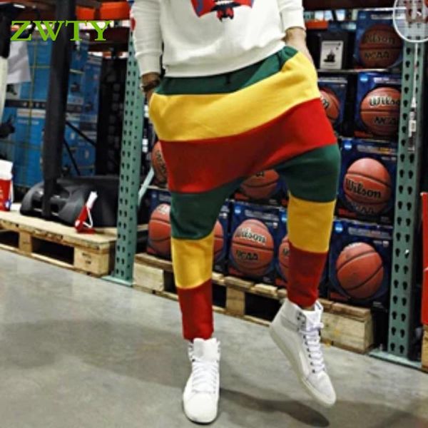 

zwty rainbow triped casual trousers harem pants hanging crotch pants large size casual beach men's sports, Black