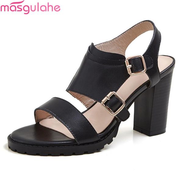 

masgulahe 2021 arrival fashion high heels shoes genuine leather buckle comfortable women pumps summer ladies sandals, Black