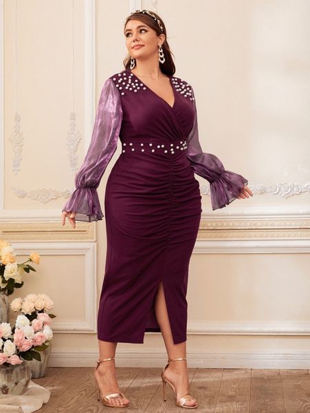 

plus pearls beaded flounce sleeve ruched split hem dress m13k#, Black