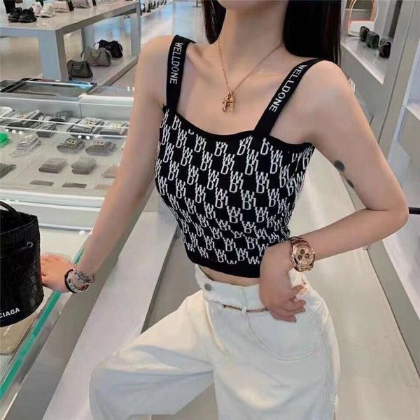 

jacquard letters printed camisole women 's outer wear 2021 spring and summer girl fashion all -match short camisoles & tanks, Black;white
