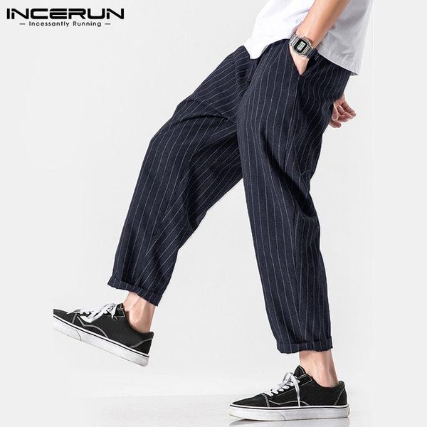 

men's pants incerun 2021 summer fashion handsome long comfortable striped casual streetwear pencil pant clothes s-5xl, Black