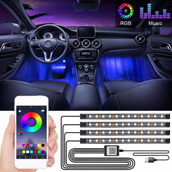 Araba dekorasyon ışığı iç atmosfer ışıkları rgb led şerit ışığı usb ile usb ile çakmak kablosuz uzaktan müzik kontrol uygulaması birden çok mod