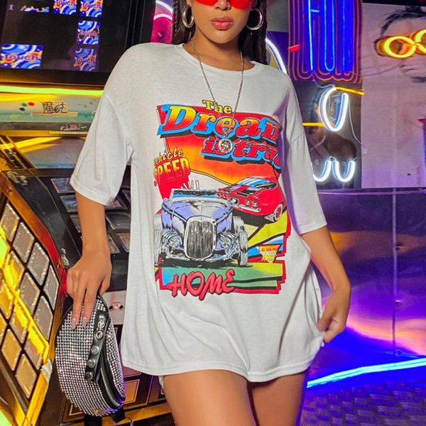 

women's t-shirt contrast color large pattern retro america style t shirts for women o-neck loose oversized white cotton fashion girls s