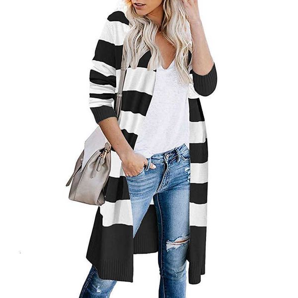 

women's sweaters korean style autumn spring long cardigans striped female v neck open stitch casual knitted outwear xpvv, White;black