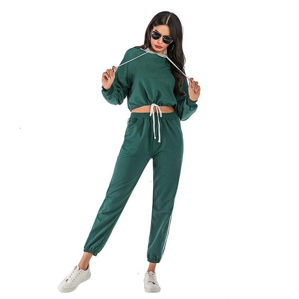 

two piece dress 2021 autumn winter casual runway tracksuits women set striped hooded crop and ankle-length pant sportswear outfits, White