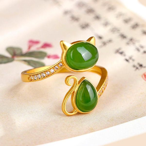 

natural hetian jasper cat opening adjustable ring cute romantic unique ancient gold craft charm women's silver jewelry cluster rings, Golden;silver