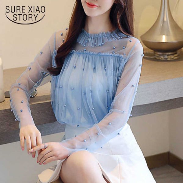 

fashion women blouses lace blouse women's female beading long sleeve shirt causal clothes blusa feminina 0868 40 210528, White