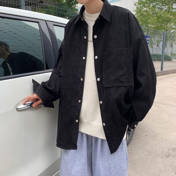 

men's casual shirts men 2021 autumn fashion slim fit vintage corduroy shirt male loose long sleeve, White;black