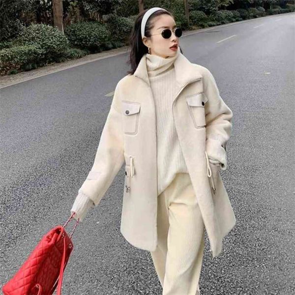 

winter women's imitation mink fur coat stylish mid-length loose outwear drawstring waist large size thick warm jacket c-174 210925, Black