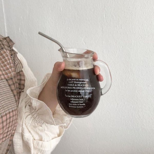 

wine glasses french text pattern glass pot home decoration coffee lettering cup large-capacity hip flask handle milk water