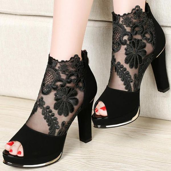 

2021 summer new women lace high heel platform open toe sandals, Black