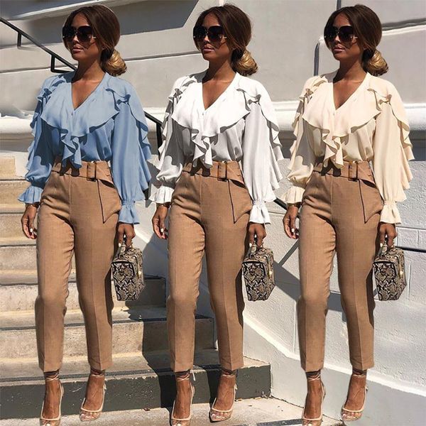 

women's t-shirt ruffle shirt v-neck flared sleeves ladies explosive, White