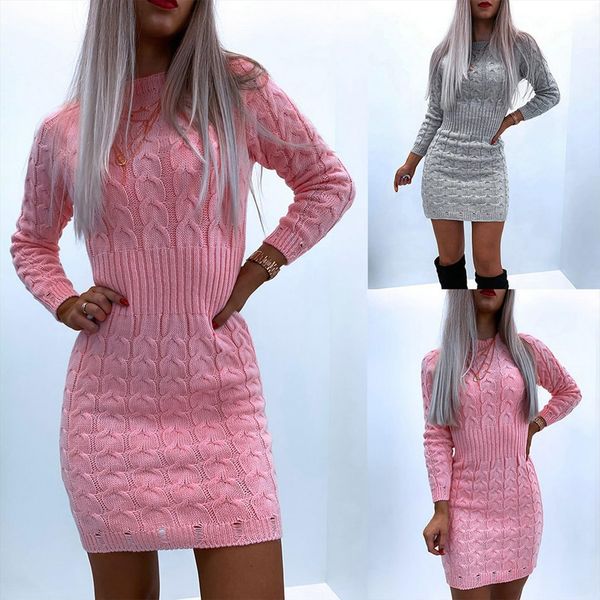 

solid color pattern long sleeved women dresses knitted o neck sweater waist comfty casual loose vestidos, Black;gray