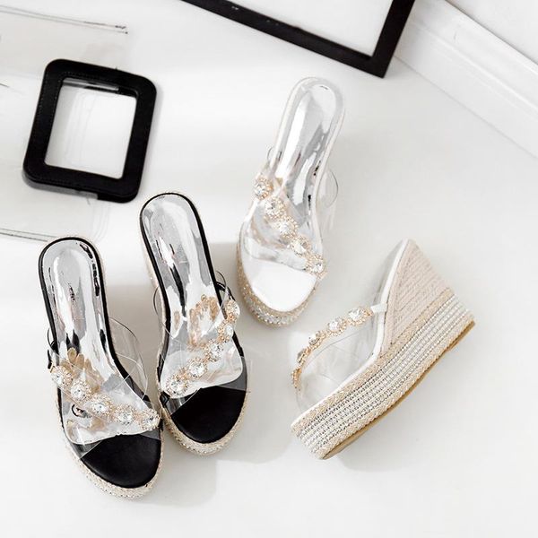 

sandals 2021 women's fashion outerwear beach versatile pearl crystal wedge, Black