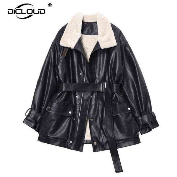 

women luxury winter thick warm jacket coat chic black faux leather overcoat faux rabbit fur lining jackets belted pocket coats 211130