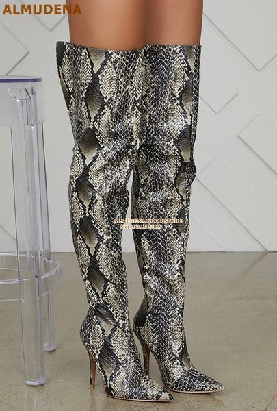 

boots almudena grey snakeskin printed over the knee pointed toe stiletto heels python patterm gladiator long thigh, Black