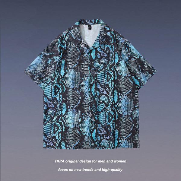 

tkpa trendy street hip hop snake print short sleeve shirt coat men's 5-sleeve shirt, White;black