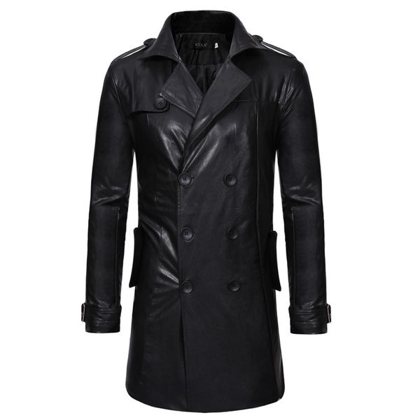 

fashion trench coat autumn and winter 2021 double breasted lapel men's casual slim long leather windbreaker, Tan;black