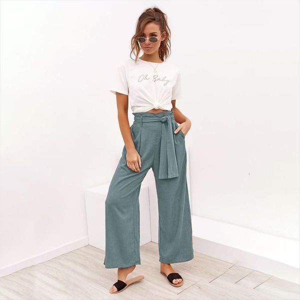 

casual cotton linen spring womens pant high waist wide leg summer office band palazzo trousers black yellow loose, Black;white
