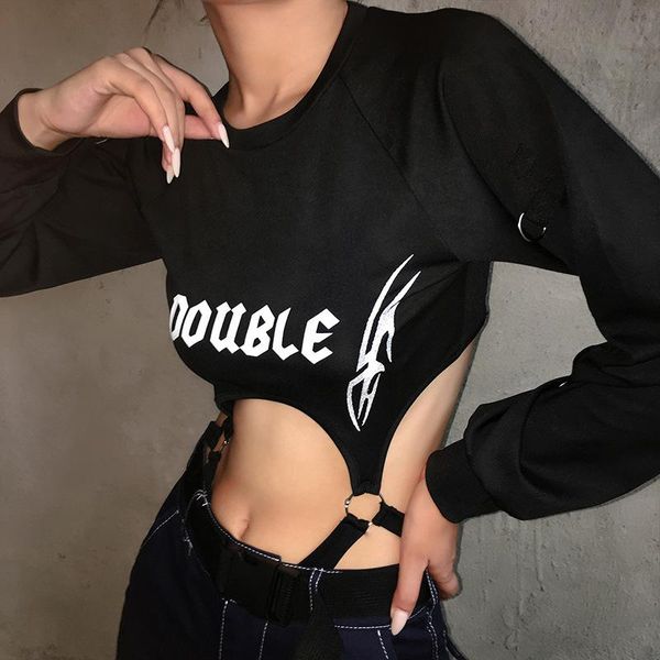 

calelinka black goth women cool hipster bodysuit punk sport bodysuits print chic big hollow out autumn female long sleeve women's jumps, Black;white