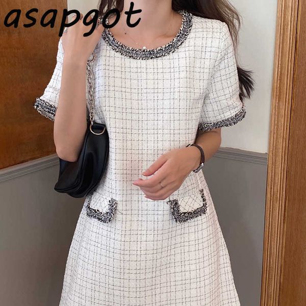 

chic french small fragrant gold silk thread knitted round neck plaid dress women loose short-sleeved dress women mini retro ol 210610, Black;gray