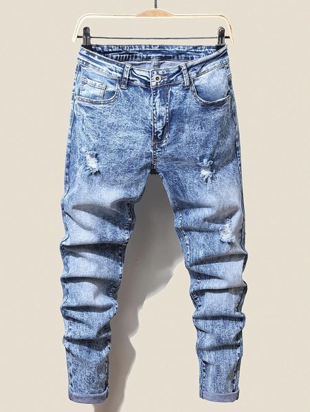 

men ripped bleach wash jeans t4z3#, Blue