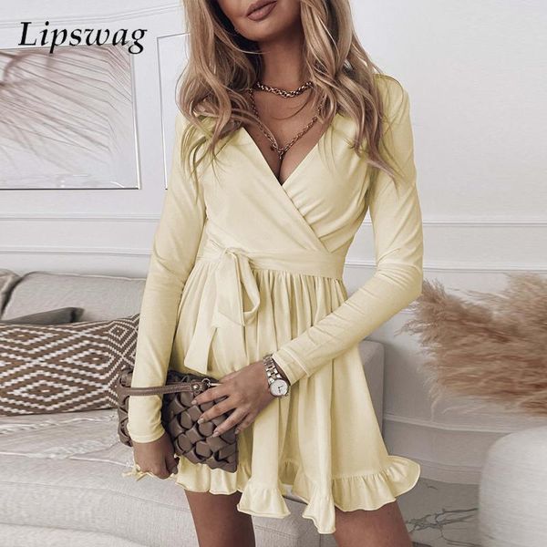 

casual dresses fashion spring chic lace-up solid party dress women v-neck folds ruffle mini autumn long sleeve knitted bottom slim, Black;gray