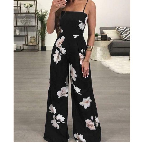 

2021 women er comfy floral dungarees jumpsuit fashion trend sling print wide leg loose long pant trousers overalls, Black;white