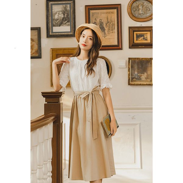 

dress inamn summer short sleeve hollow out embroidered elegant a-line hem patchwork with belt dress x3f8, Black;gray