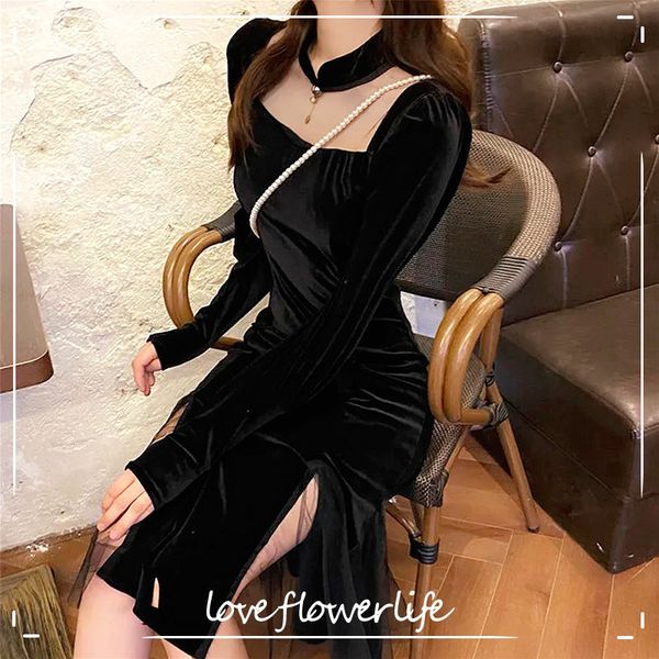 

french vintage black dress women spring long sleeve slim evening party dress female gothic dress koran winter 210521, Black;gray