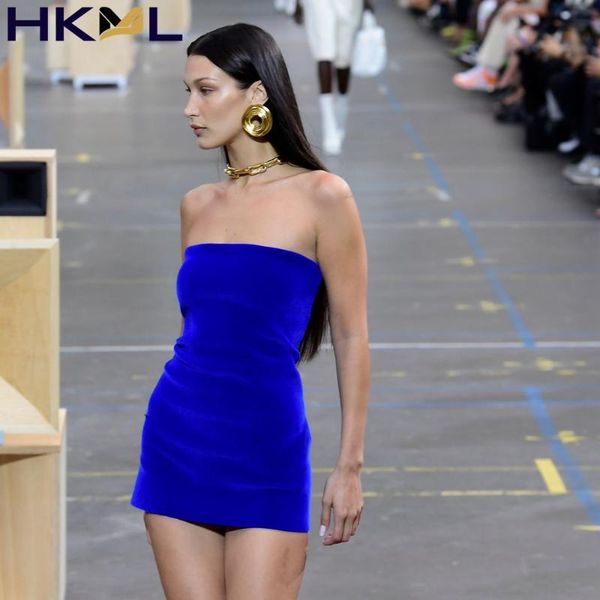 

casual dresses 2021 women tube blue strapless high streetwear elegant robe fashion catwalk styles bodycon mini dress, Black;gray