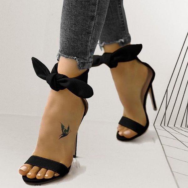 

sandals women's summer 2021 ladies high heels bowknot open toe ankle strap shoes, Black