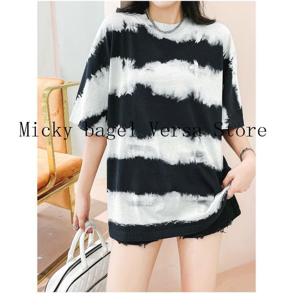 

women's t-shirt 21 luxury ink stripe tie dye short sleeve temperament round neck versatile, White