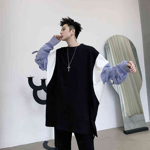 

men's jackets men stripe sleeve splice ribbon loose casual sweatshirt male harajuku fashion streetwear hip hop pullover mp9r, Black;brown